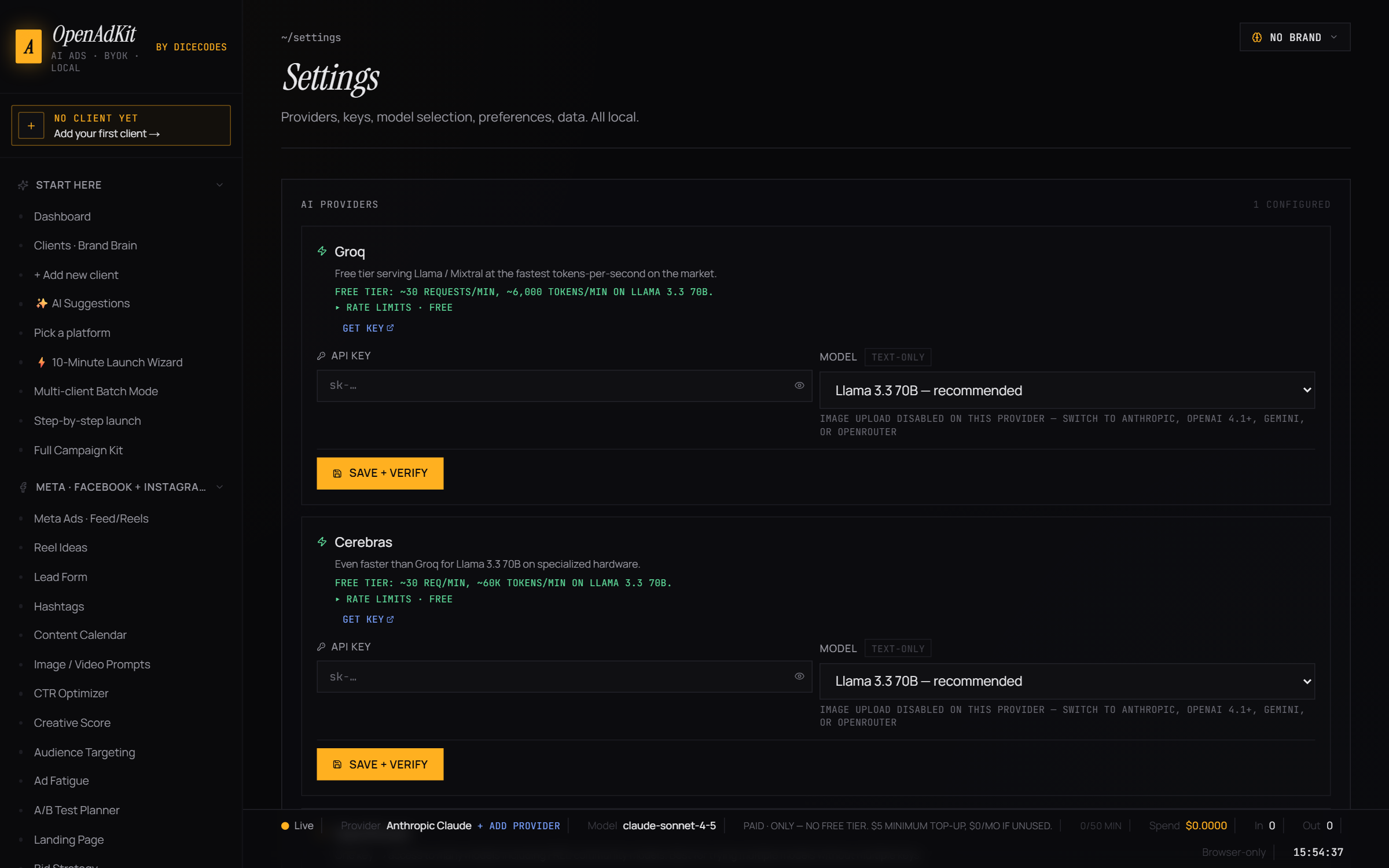 OpenAdKit settings showing all 9 supported AI providers — Claude, GPT, Gemini, Groq, Cerebras, OpenRouter, Together AI, DeepSeek, Mistral — with BYOK API key fields