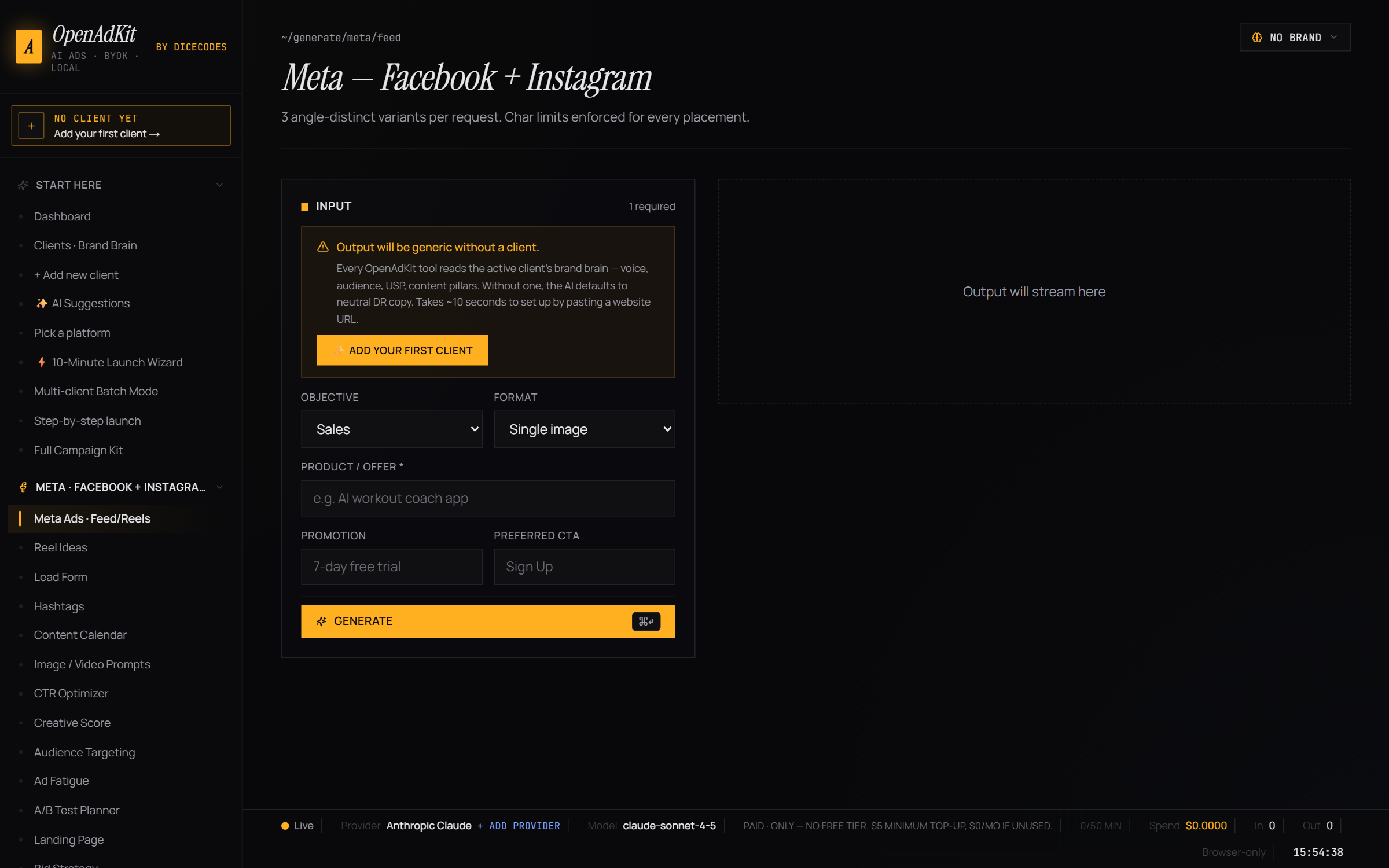 OpenAdKit Meta Ads generator producing 3 angle-distinct Facebook and Instagram ad copy variants with character count validation