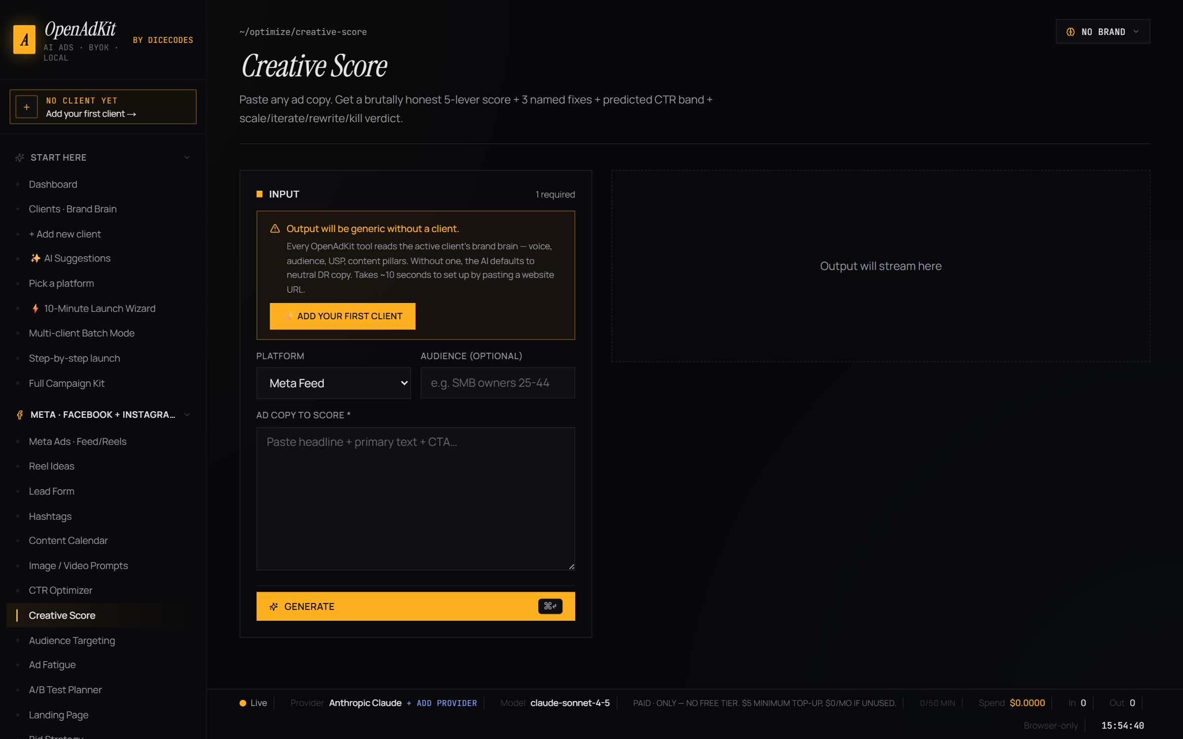 OpenAdKit Creative Score optimizer with 5-lever scoring rubric and named-phrase fixes for paid social and search ads
