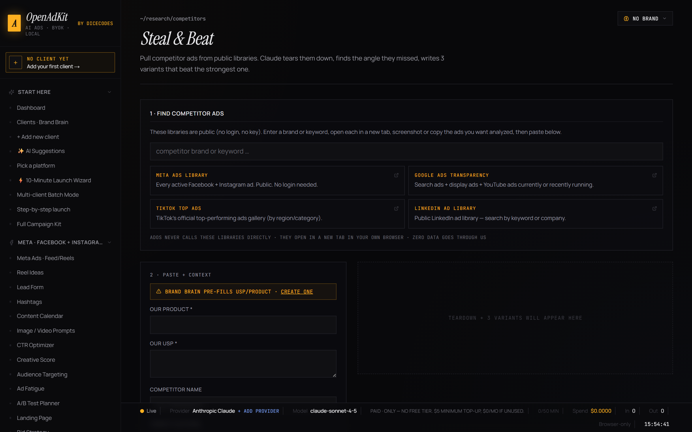 OpenAdKit competitor research linking to Meta Ads Library, Google Ads Transparency, TikTok Top Ads, and LinkedIn Ad Library